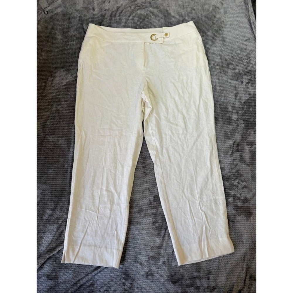 White Linen Blend Straight 14 Trousers w/ Gold Buckle Detail Cropped Pants 38X26